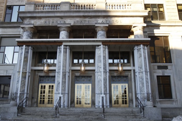 The portico of the Alaska State Capitol Building is in the process of remodeling to repair the portico which has experience weather and seismic damage over the years.