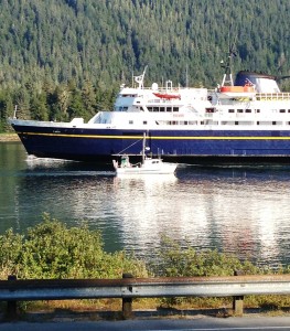 The ferry Taku sails into the Wrangell Narrows off Petersburg on its way south earlier this month. The draft summer 2014 ferry schedule keeps it sailing from Prince Rupert to northern Southeast. Ed Schoenfeld/CoastAlaska News photo.