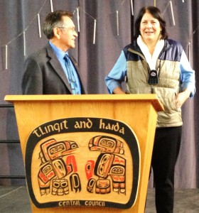 Tlingit-Haida Central Council President Ed Thomas and AFN President Julie Kitka speak after a Native Issues Forum address in Juneau. (Ed Schoenfeld/CoastAlaska)