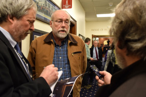 Alaskans for a Fair Minimum Wage Chairman Ed Flanagan talks to reporters outside of the Alaska House of Representatives, April 13, 2014. He was responding to allegations by Mike Chenault, Speaker of the House that Flanagan had improperly attempted to influence a legislative vote on the issue. (Photo by Skip Gray/Gavel Alaska)