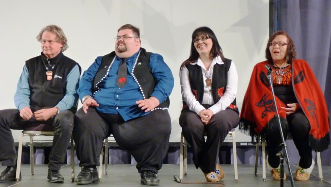 From the left, author and activist Wade Davis, Tlingit-Haida Central Council President Richard Peterson, Tahltan Central Council President Annita McPhee and Tahltan elder Mary Dennis wait to answer questions during a recent forum. (Ed Schoenfeld/CoastAlaska)