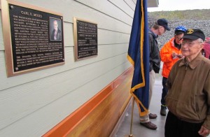 Carl Moses at the dedication of Unalaska's small boat harbor, named for him two years ago. (Photo courtesy city of Unalaska). 