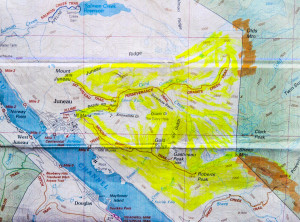 Alaska State Trooper Sgt. Timothy Birt says the highlighted area is a representation of the areas searched. (Map courtesy of Alaska State Troopers)