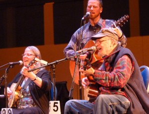 Pat Henry, right, sings with his daughter Katie and son Hiram, both folk fest regulars. (Ed Schoenfeld/ CoastAlaska)