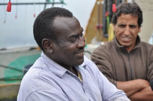 Issa Ali Abdul with his friend and translator. (Photo by Anne Hillman/KSKA)