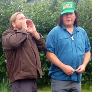 Matt Moneymaker to the left doing his bigfoot call. James “Bobo” Fey to his right. (Photo courtesy of Erica Williams)