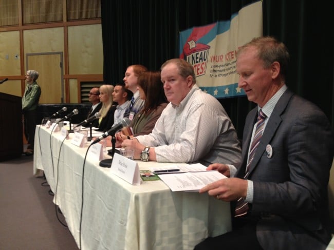 Six Juneau Assembly candidates and one school board candidate participated in a Juneau Votes Forum at UAS Wednesday. (Photo by Lisa Phu/KTOO)