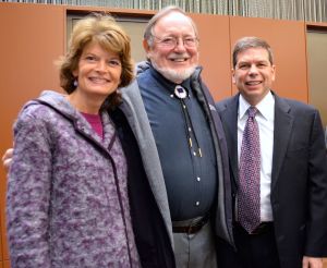 Sen. Lisa Murkowski, Rep. Don Young and Sen. Mark Begich pose for a picture at the 2014 Elders and Youth Conference. (Photo by Jennifer Canfield/KTOO)