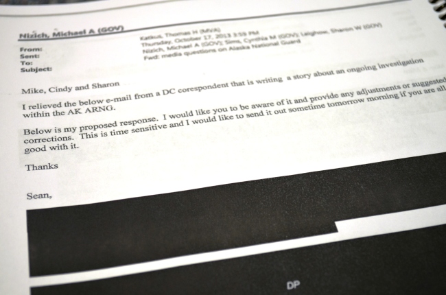 In this email dated Oct. 17, 2013, Maj. Gen. Thomas Katkus seeks input on his response to a reporter's questions. Sean Cockerham, a D.C. based reporter for McClatchy, published a story 10 days later exposing investigations into sexual misconduct in the Alaska National Guard. (Photo by Jennifer Canfield/KTOO)
