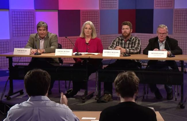 Rep. Sam Kito III, Rep. Cathy Muñoz, George McGuan and Sen. Dennis Egan during Monday's Juneau Votes State Candidate Forum. 