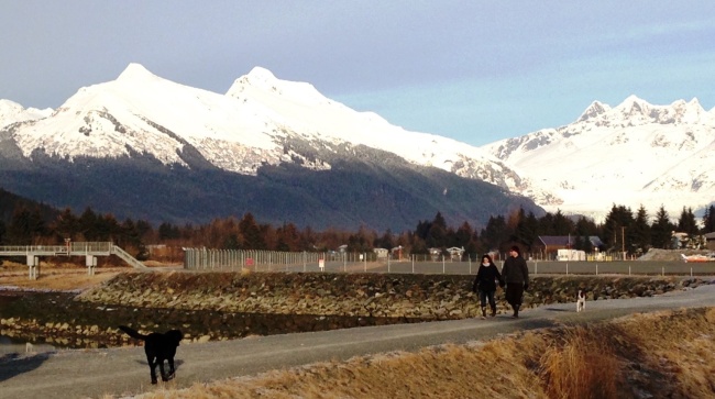 Dogs and their owners enjoy a snowless walk on a trail bordering Juneau's airport Dec. 29. Snow has accumulated on nearby mountains, but not at sea level. (Ed Schoenfeld/CoastAlaska News)