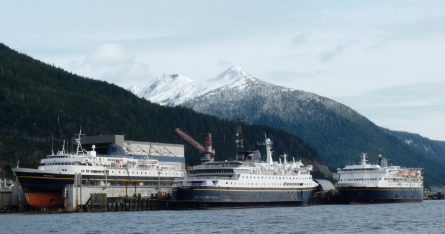 Three ferries dock at the Ketchikan Shipyard for repairs and upgrades in 2012. All ships would tie up by early July if the Legislature does not reach a budget compromise. (Ed Schoenfeld/CoastAlaska News)