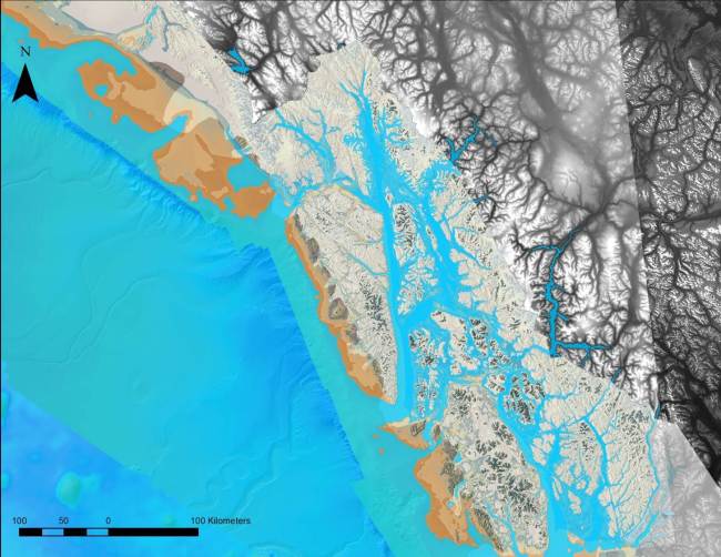 A computer-generated map of Southeast Alaska shows land (in brown) beyond today's shoreline. (Courtesy Jim Baichtal)