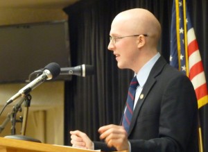 Sitka Democratic Rep. Jonathan Kreiss-Tomkins talks about Native language immersion charter schools Tuesday at the Native Issues Forum in Juneau. (Ed Schoenfeld/CoastAlaska News)