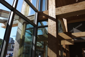 Yellow cedar beams in the entryway of the Walter Sobeloff Building. (photo by Elizabeth Jenkins/KTOO) 