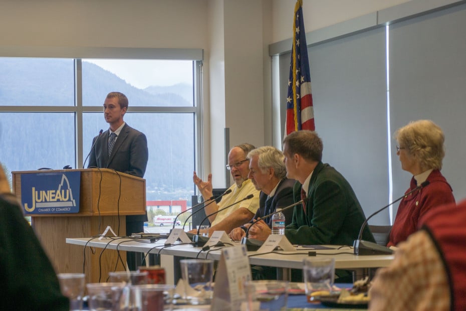 Mayor Merrill Sanford responds to a question at a Juneau Chamber of Commerce candidate forum Thursday. From left to right: moderator Eric Eriksen, Merrill Sanford, Greg Fisk, Jerry Nankervis and Dixie Hood. (Photo by Jeremy Hsieh/KTOO)