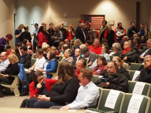 Members of the public line up to testify before the Anchorage Assembly on an anti-discrimination ordinance. Public testimony will continue Wednesday night, Sept. 16. (Photo by Zachariah Hughes/KSKA)