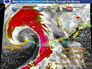 This data snapshot was taken at around 4 a.m. on Sunday morning, Dec. 13. The term “low” is used for a hurricane-force storm in this case. (Image from NWS-Anchorage)