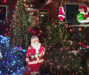 Neighborhood kids love counting the number of Santa Clauses at Jeff Campbell's house. He adds new ones every year. (Photo by Lisa Phu/KTOO)