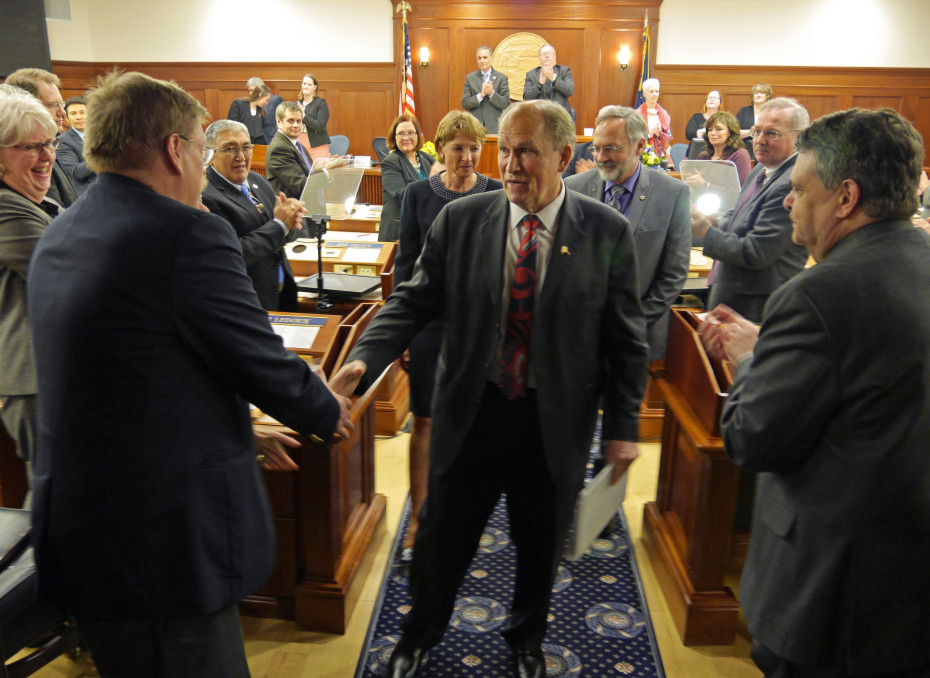 Alaska Gov. Bill Walker exits House Chambers after delivering his annual State of the State address to the legislature, Jan. 21, 2016. (Photo by Skip Gray/360 North)